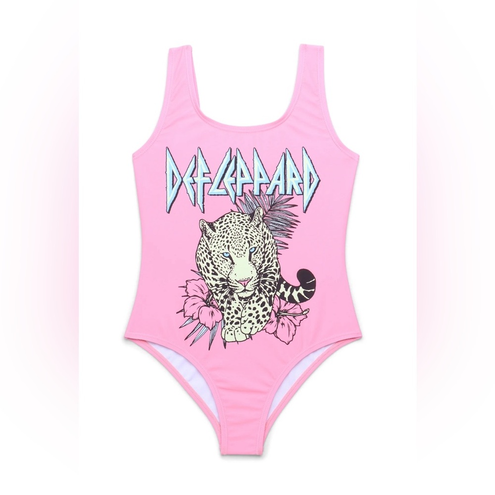 Pink Def Leppard Girls’ Leopard Graphic Design Swimsuit One Piece NWT